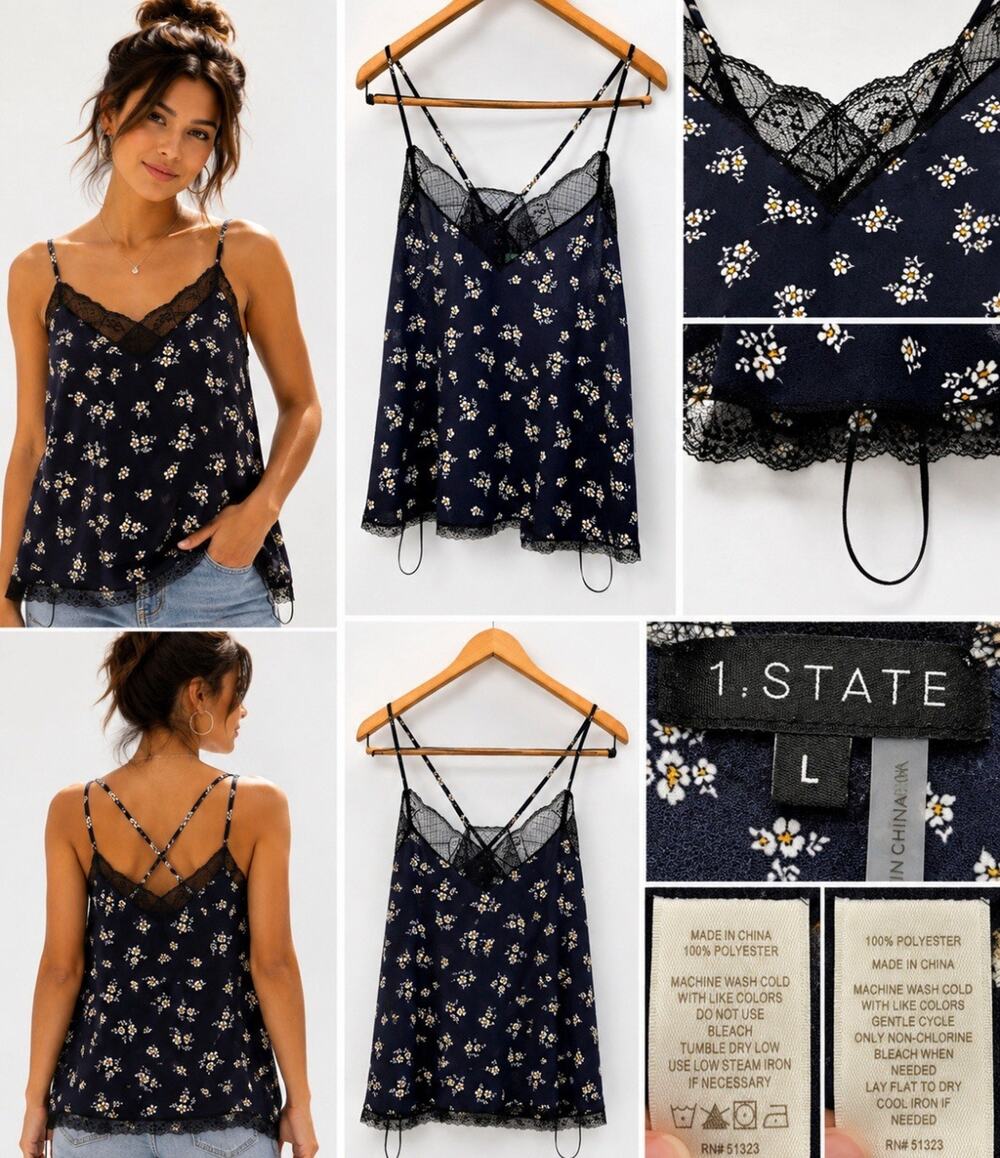NWT Coquette 1.STATE Womens Lace Trim Cami Size L Navy Floral Crisscross Grunge